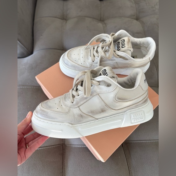 MIU MIU White Bleached Leather Sneakers Women’s Low Top Size US 8 EUR 39 Pre-Own - Picture 3 of 16